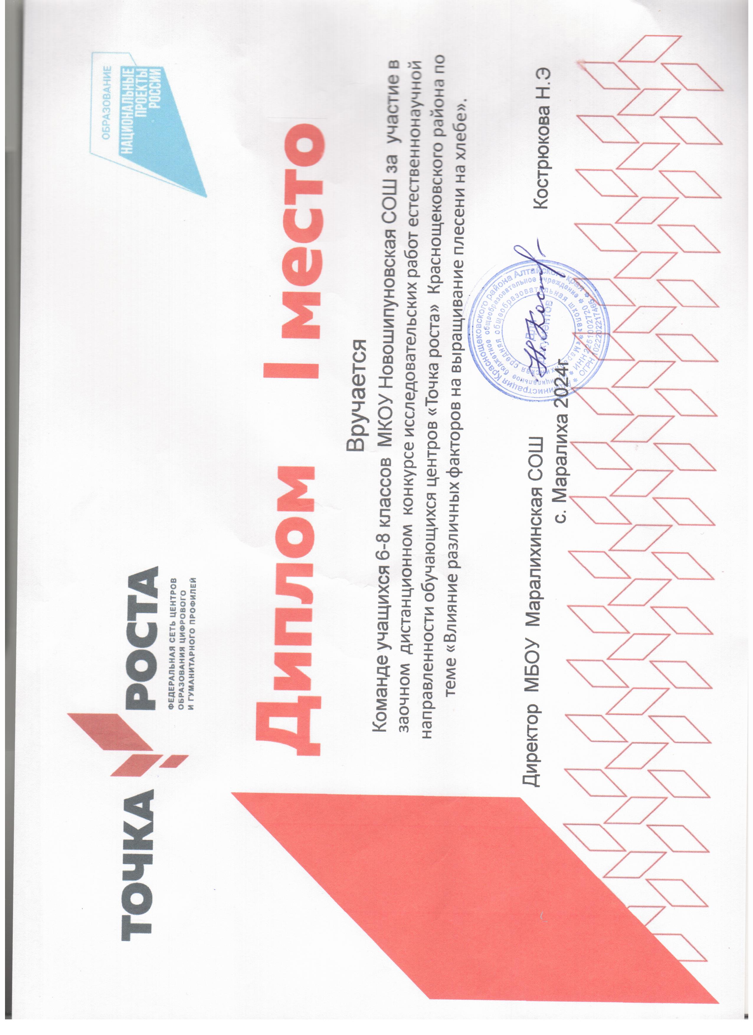 Первое место в конкурсе исследовательских работ